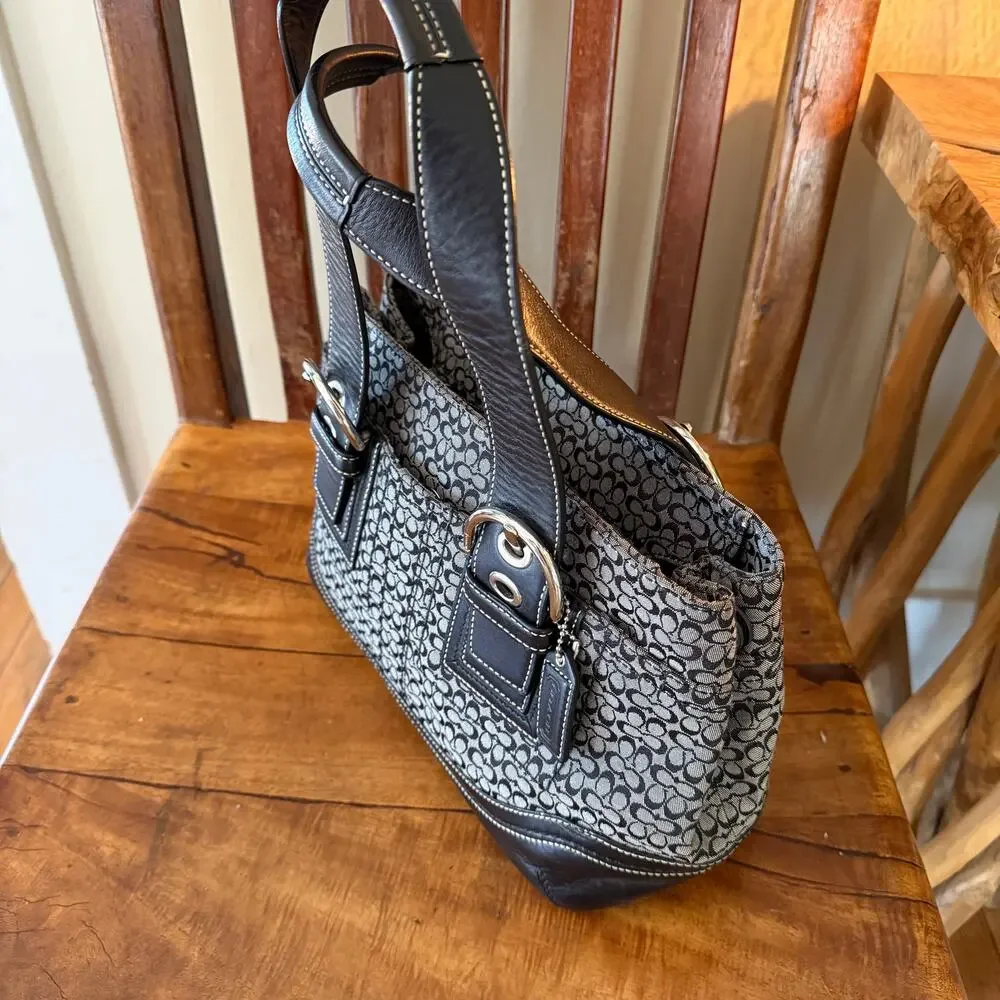 Coach Micro C Signature Jacquard Tote Bag Black Gray Leather Trim F19664